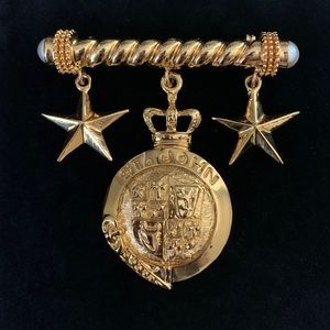 Vintage St. John Knits Gold Pin Brooch- Pearls, Stars, Shield